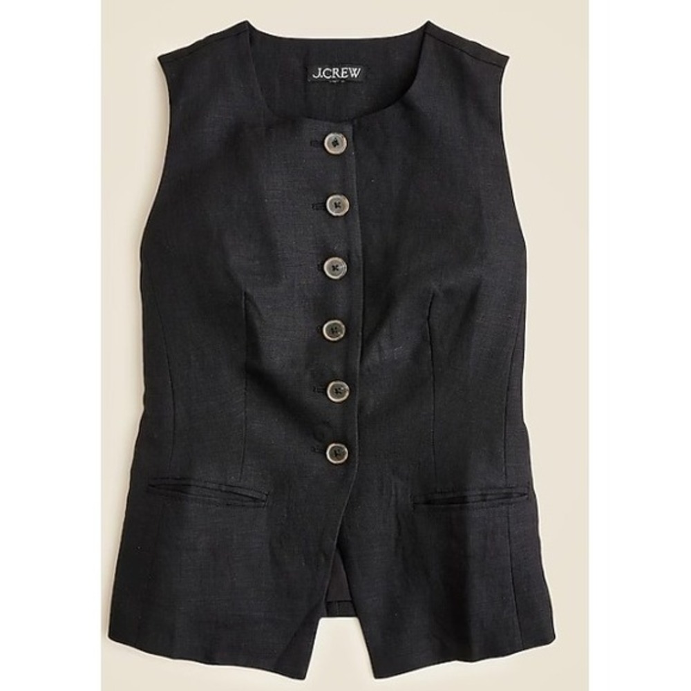 J Crew Top Womens 2 Black Linen Cutaway‎ Vest Sleeveless Button Career CI309 - Picture 2 of 8